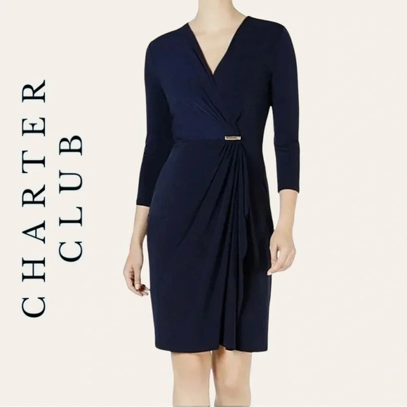 0756. CHARTERS CLUB MIDI DRESS 3/4 SLEEVE NAVY BLUE IN‎ COLOR SIZE XLARGE - Picture 1 of 12